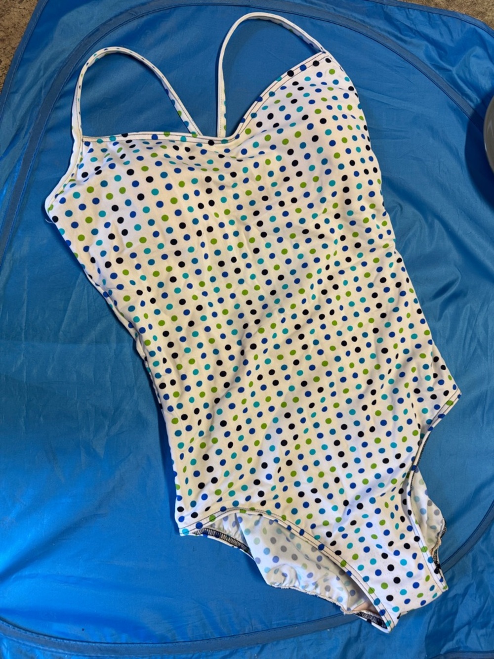 Classic Polka Dot One-Piece Swimsuit - White with Blue & Green Dots
